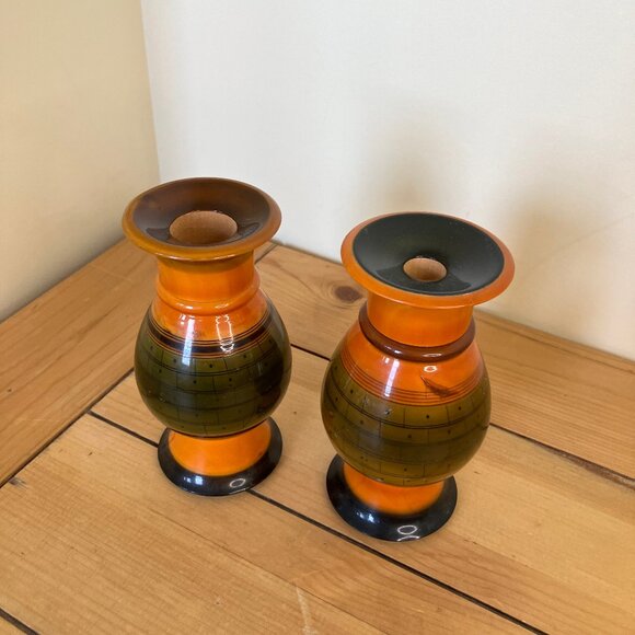 Turned Wood Lacquer Decorative Vase Set of 2 Orange & Green Hand Painted Design - Picture 4 of 6